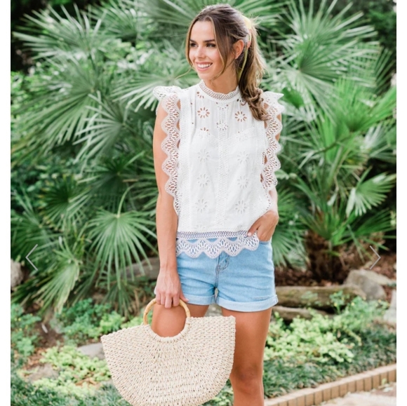 entro Tops - entro White Eyelet LaceSleeve Blouse